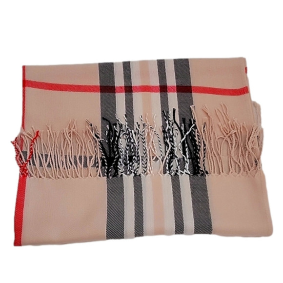 Scarf Pashmina Silk Blend Long Brown Tan Nova Check Pattern Fringe New Soft Warm - Picture 1 of 9